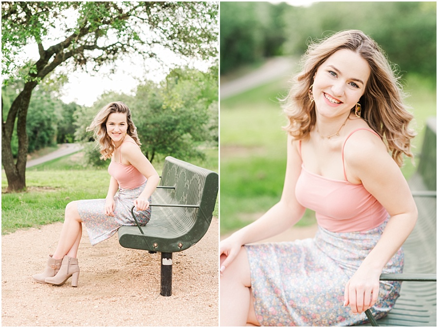 Houston senior session in the wildflowers, sitting on a bench on the Terry Hershey Trail