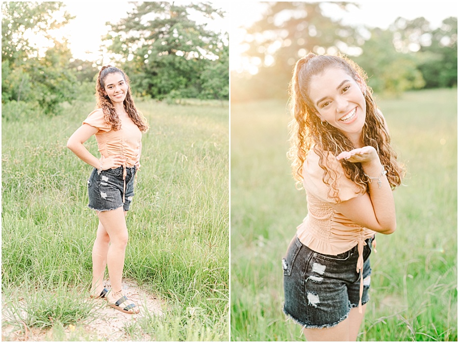 Houston senior session in a field blowing kisses