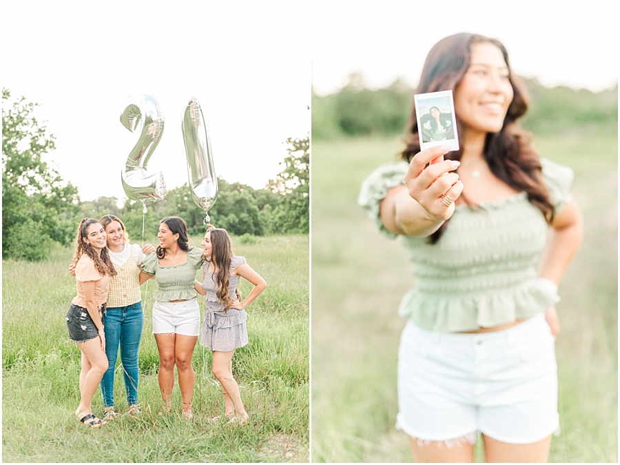 Cypress Texas senior photography with number balloons and a poloroid camera