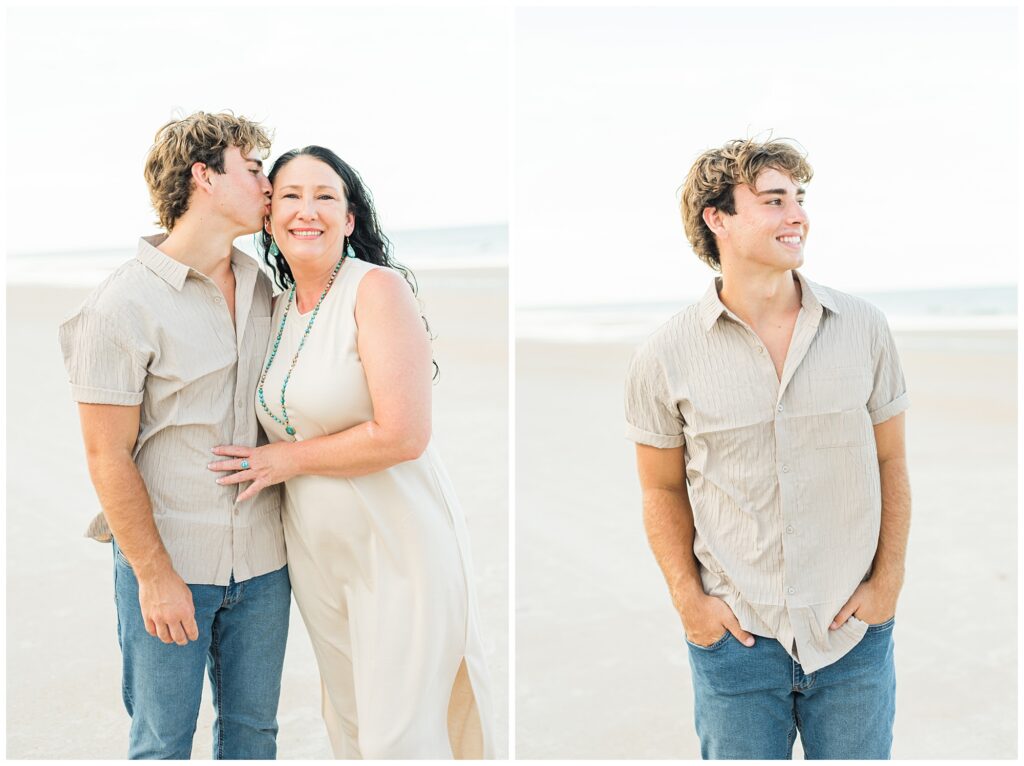 A mom and son on the beach during their family pictures on St. Augustine Beach