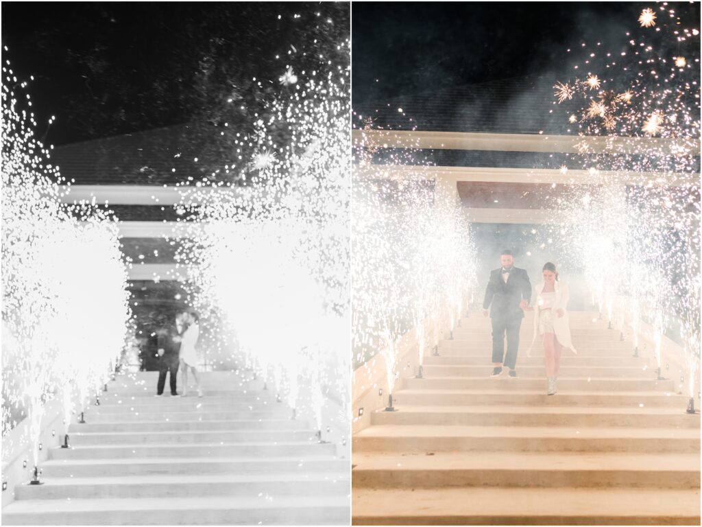 Jacksonville wedding grand exit with cold sparks going down stairs