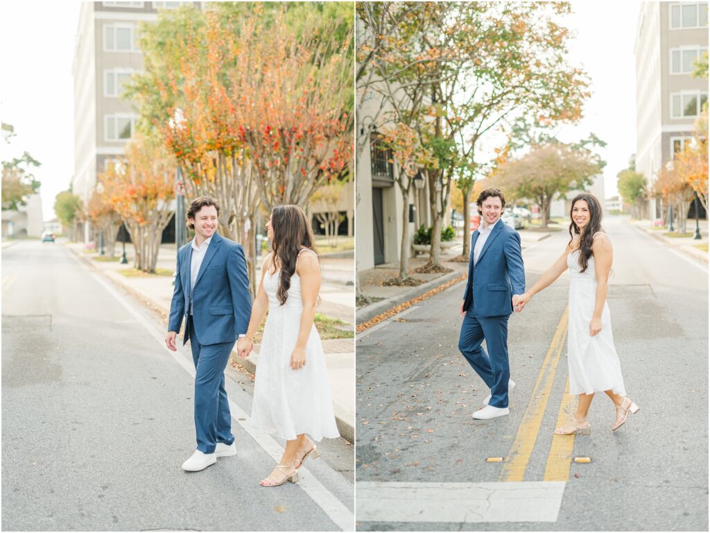 Engagement session walking through downtown pensacola