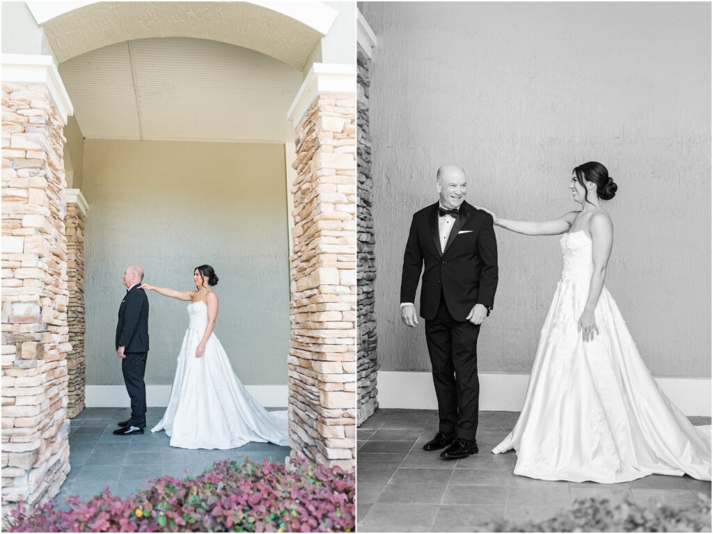 Brides first look with dad on her wedding day at St. Johns Golf & Country Club