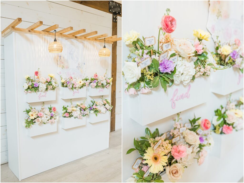 Reception decor inside Chandler Oaks barn reception space