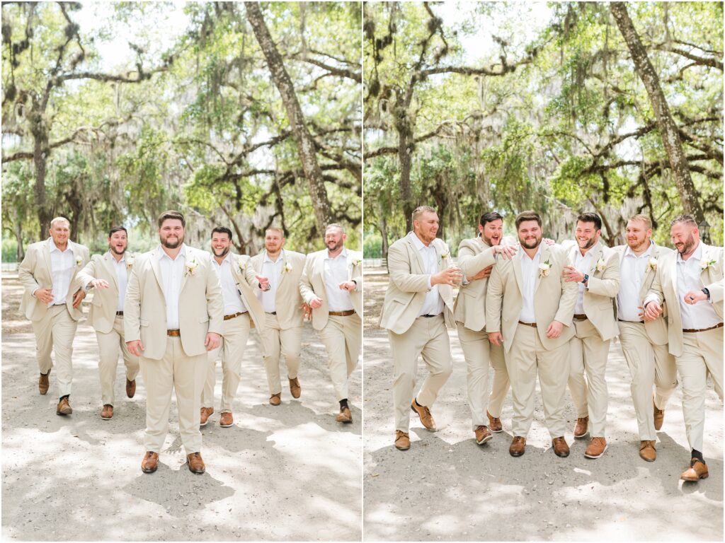 Groomsmen portraits outside Chandler Oaks barn reception space