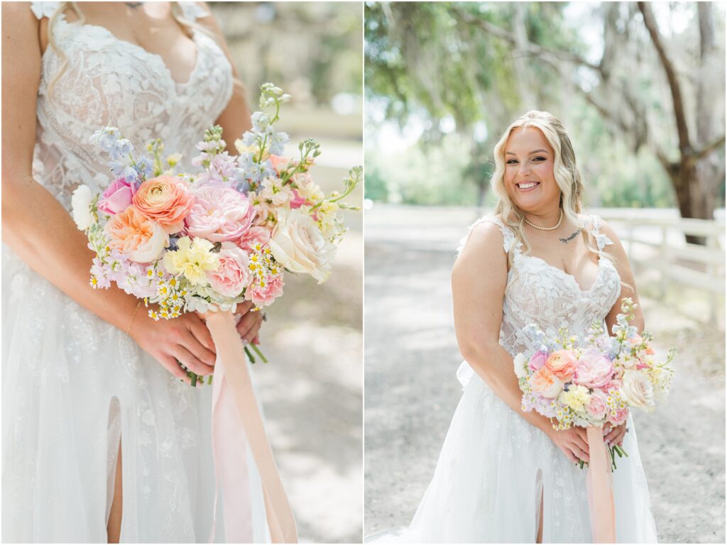 Bridals portraits with beautiful spring bouquet at Chandler Oaks Barn