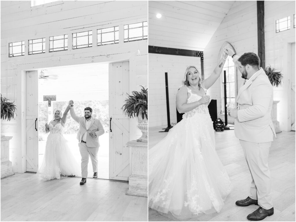 Bride and groom do their grand entrance through the big barn doors at Chandler Oaks wedding venue
