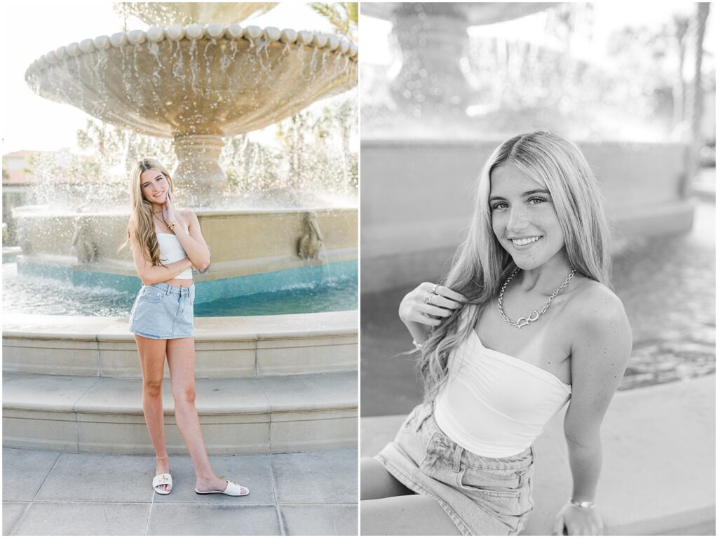 Senior pictures by the fountain at Ponte Vedra Inn & Club