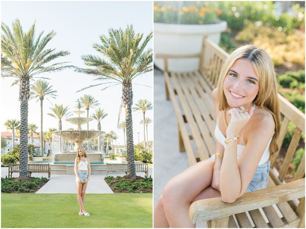 Jacksonville senior session by the fountain at Ponte Vedra Inn & Club