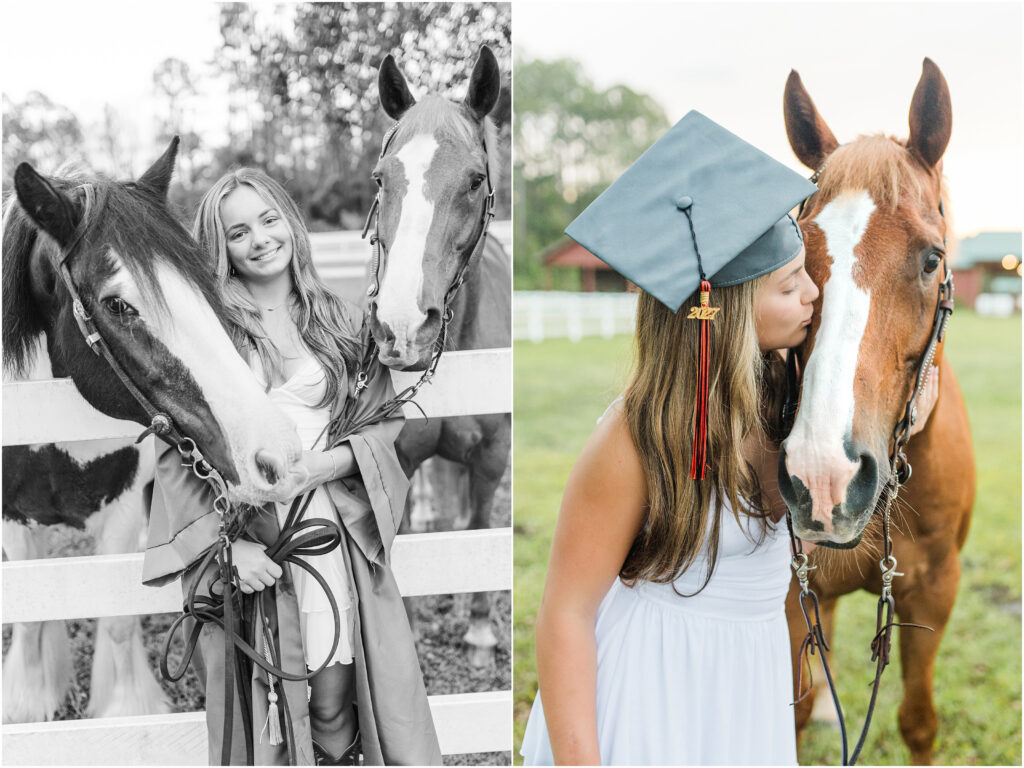 Senior session in St. Augustine at a barn with horses in cap and gown.