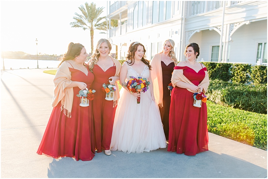 Bridesmaids and wedding party pictures at the Grand Floridian before the romantic Disney World wedding in Epcot at the Italy Pavilion