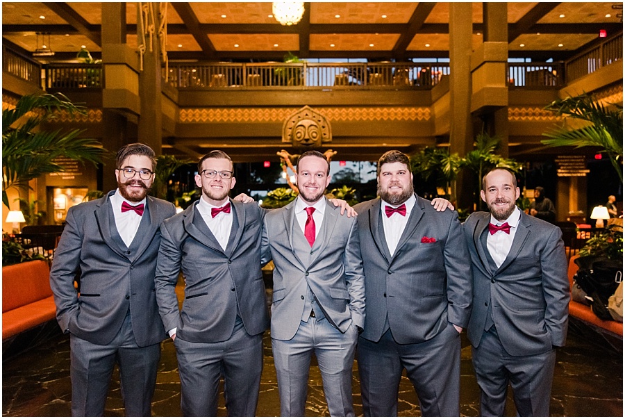 Groom and groomsmen at the Polynesian Resort before the Disney World wedding in Epcot at the Italy Pavilion