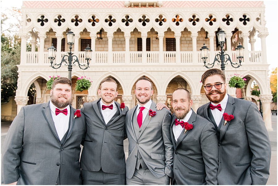 Groomsmen pictures at Disney World pictures in Epcot at the Italy Pavilion