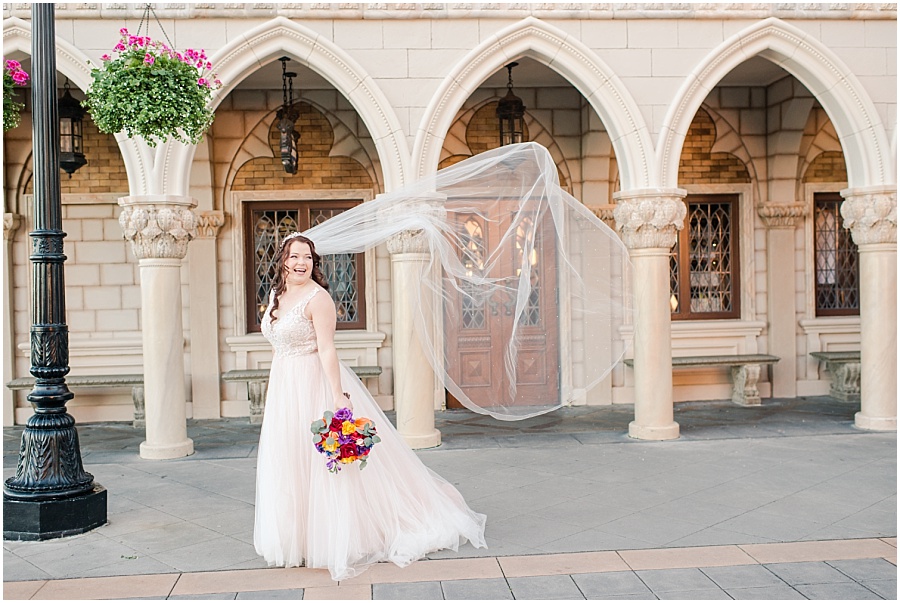 Bridal Pictures before romantic Disney World Wedding in Epcot at the Italy Pavilion