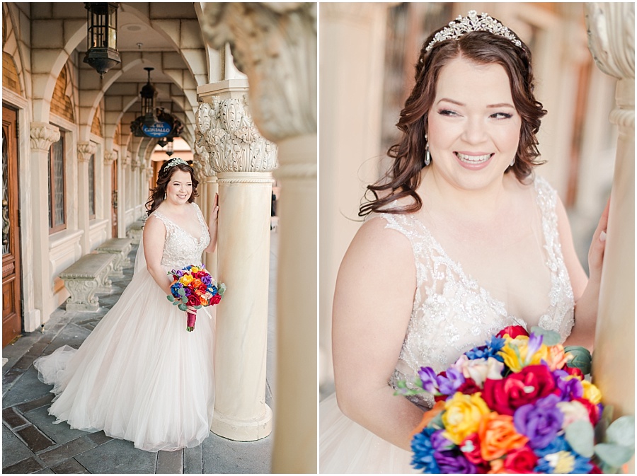 Bridal Pictures before romantic Disney World Wedding in Epcot at the Italy Pavilion