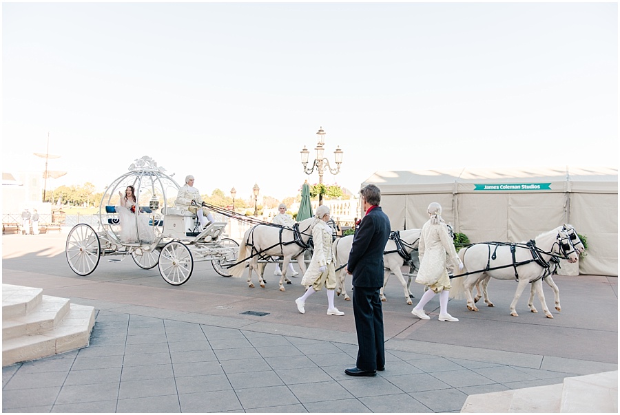 Bride arriving in Cinderella carriage for her romantic Disney World Wedding in Epcot at the Italy Pavilion