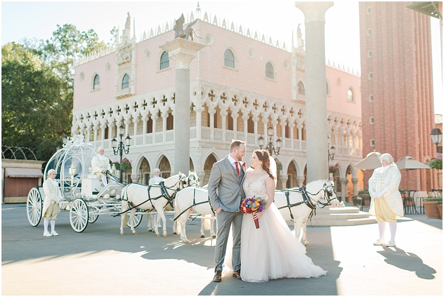 Romantic Disney World wedding in Epcot at the Italy Pavilion with the iconic Cinderella Carriage
