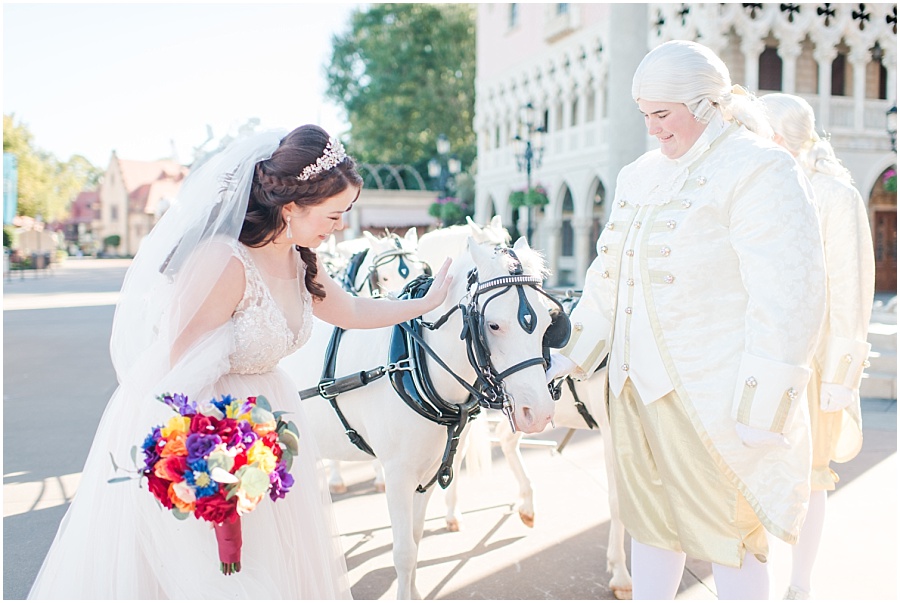 Romantic Disney World wedding in Epcot at the Italy Pavilion with the iconic Cinderella Carriage
