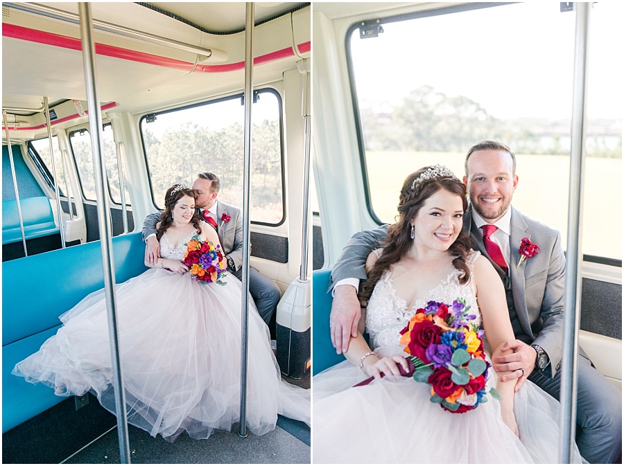 Bride and groom monorail pictures at their Disney World Wedding.