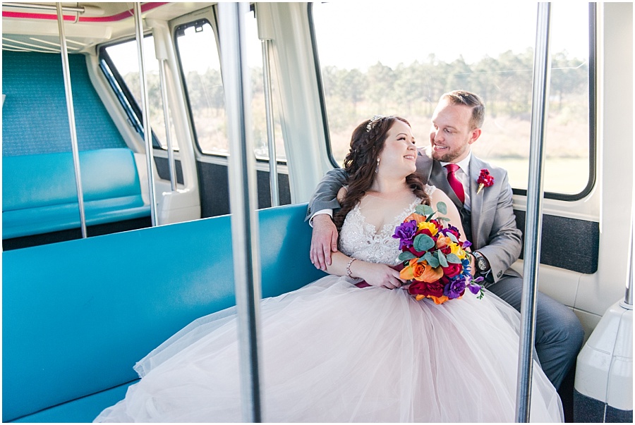 Bride and groom monorail pictures at their Disney World Wedding.