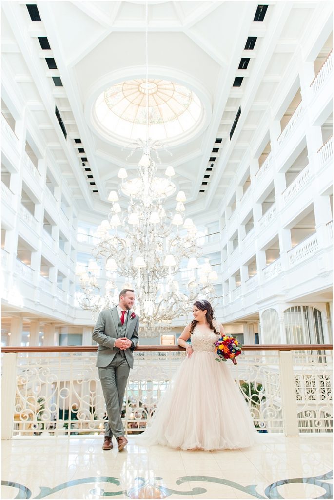 Wedding day pictures in the Grand Floridian lobby at their Disney World Wedding