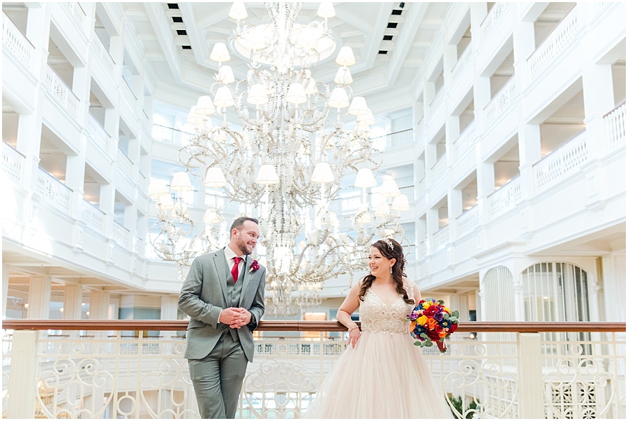 Wedding day pictures in the Grand Floridian lobby at their Disney World Wedding