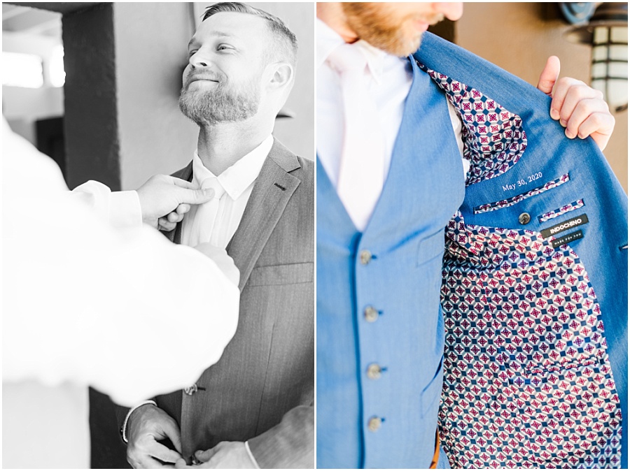 Groom getting ready with custom suit with wedding date