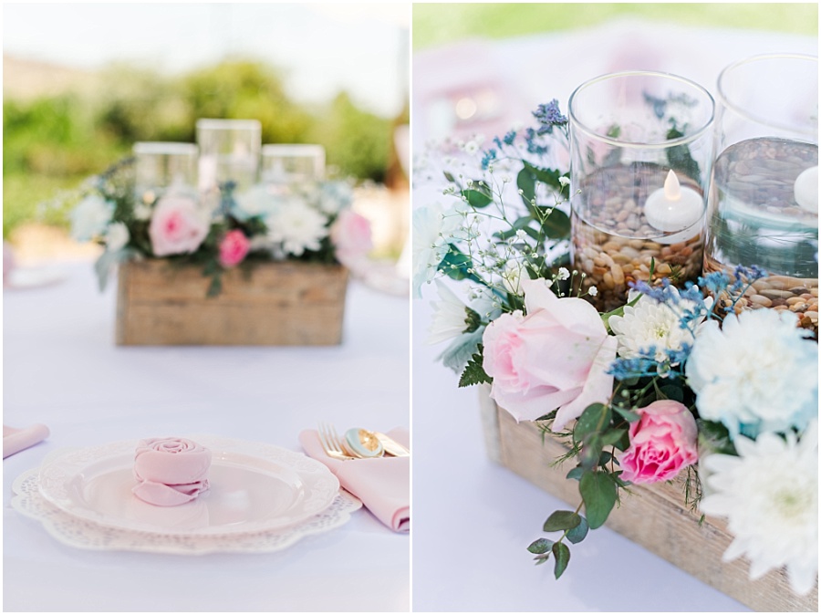 Wedding reception at an Escondido Airbnb with pink and blue details.