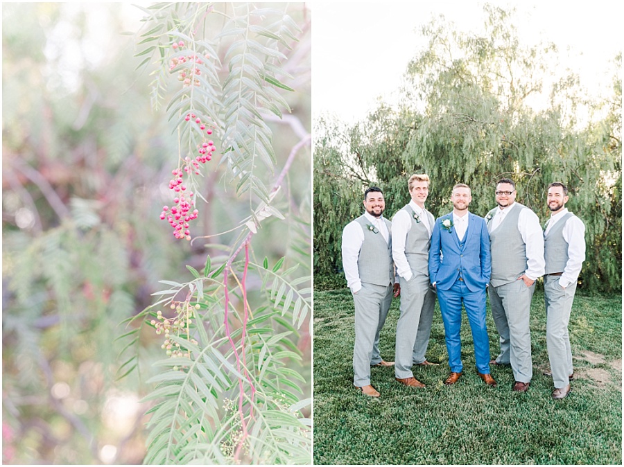 Groomsmen pictures wearing grey vests and pink ties and flowers