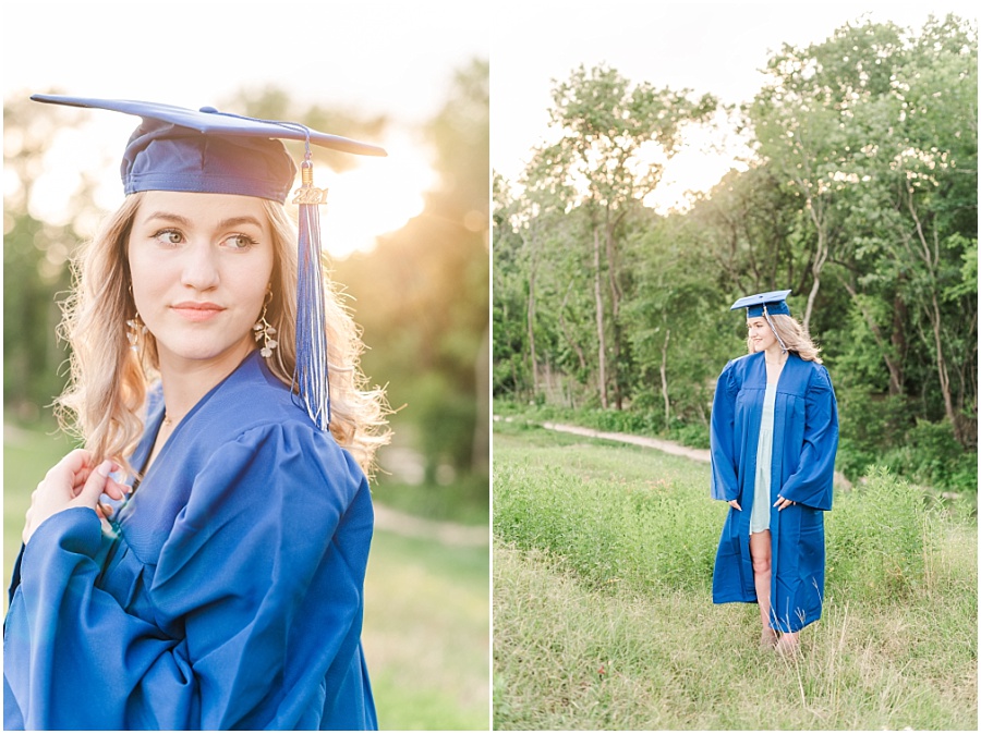Houston senior session in the wildflowers on the Terry Hershey Trail in cap and gownTrail