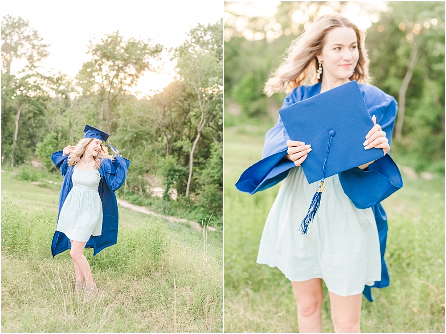 Houston senior session in the wildflowers on the Terry Hershey Trail in cap and gown