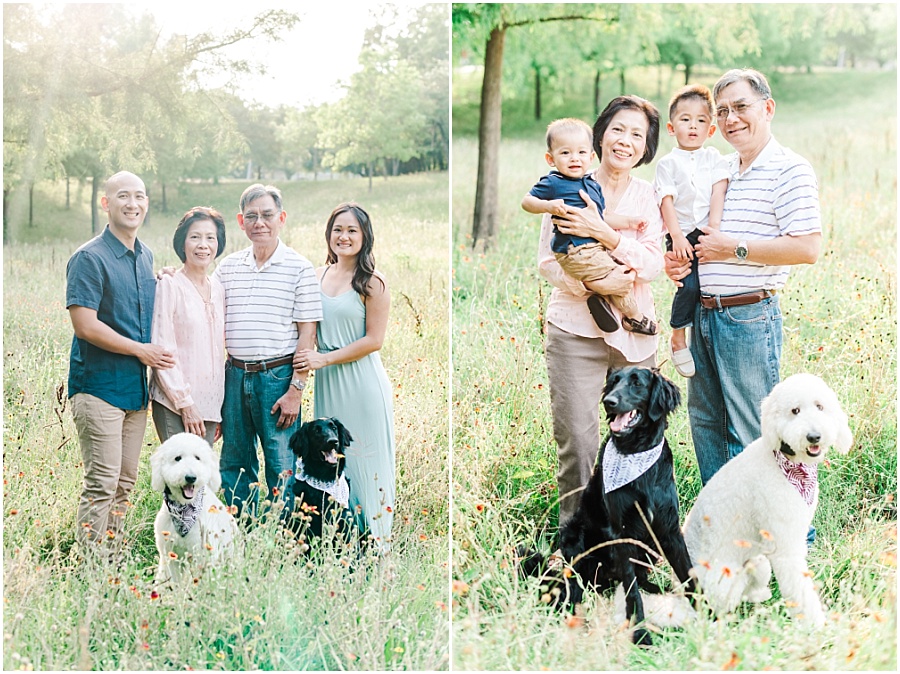 Family Pictures in wildflower on Houston Park Trail with dogs