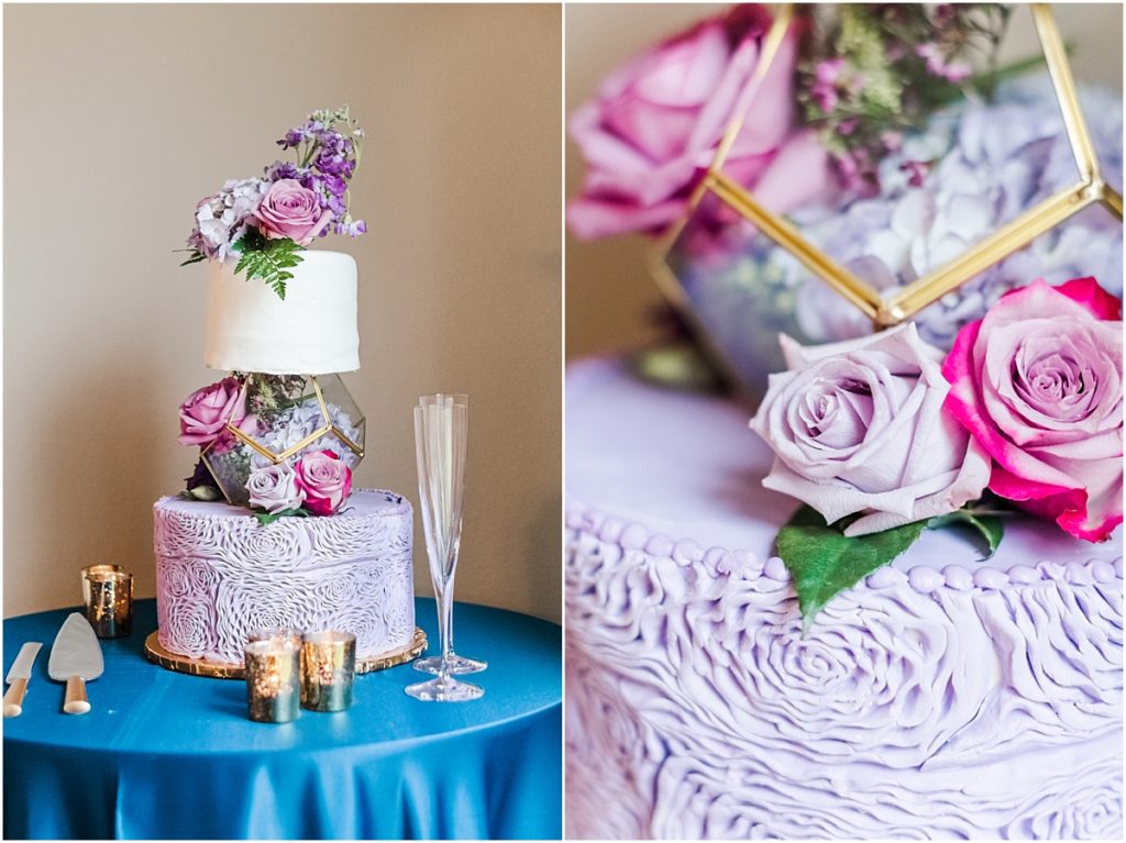 Beautiful wedding cake with purple and maroon floral details