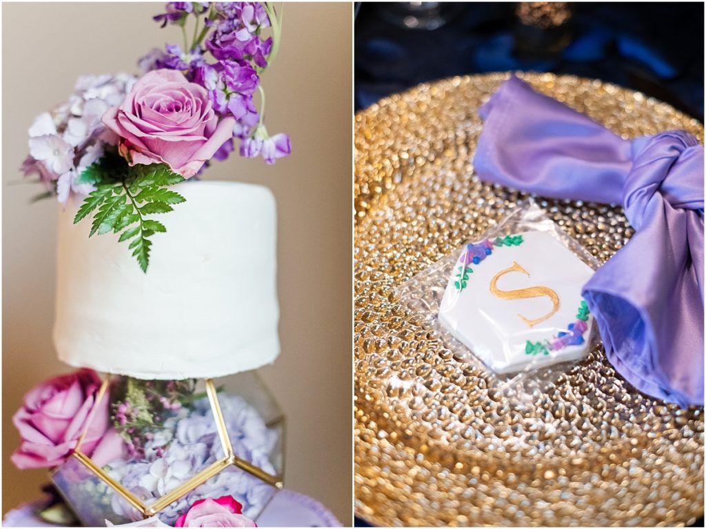 Beautiful wedding cake with purple and maroon floral details
