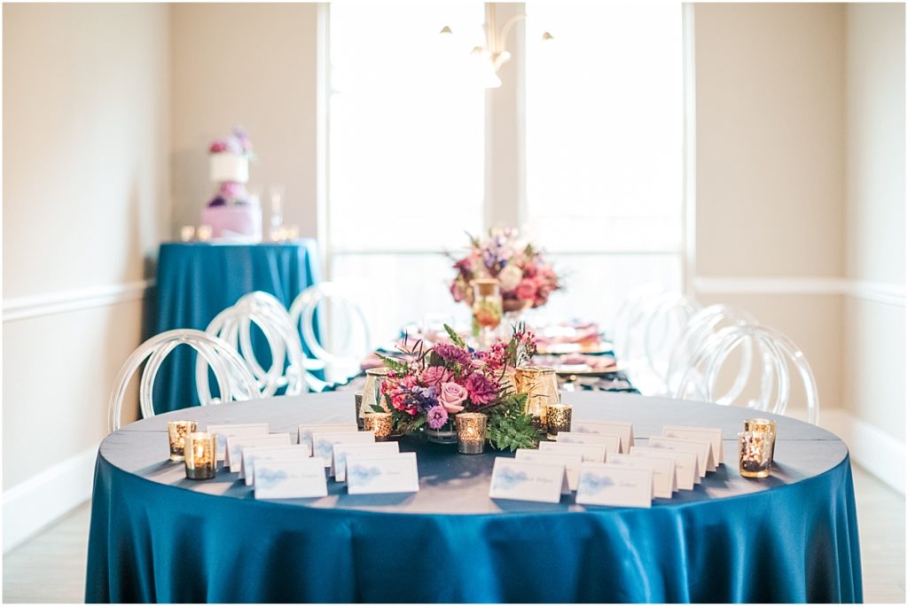 Wedding reception details in purple, maroon and blue