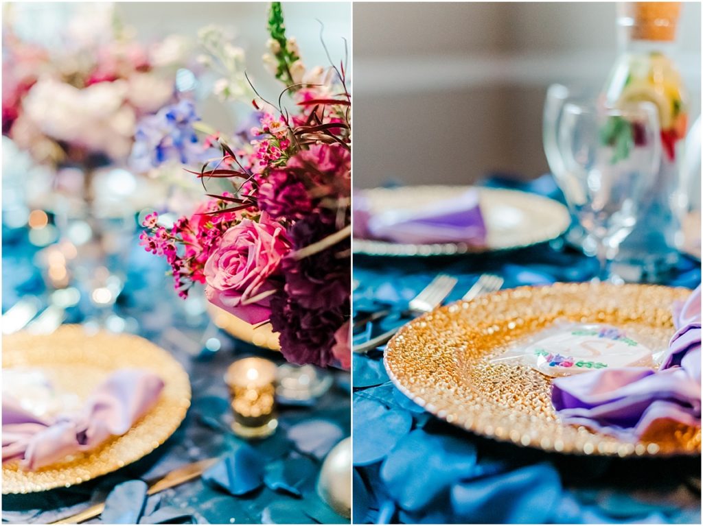 Wedding reception details in purple, maroon and blue