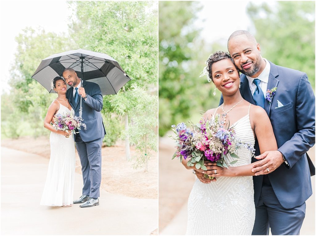 Bride and groom portraits in the rain with a black umbrella