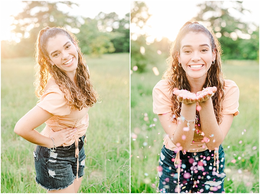 Houston senior photography in a field with confetti