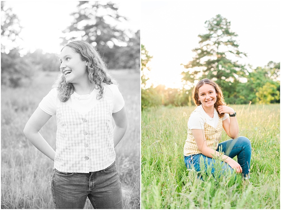 Cypress Texas senior photography during the summer in a green field.