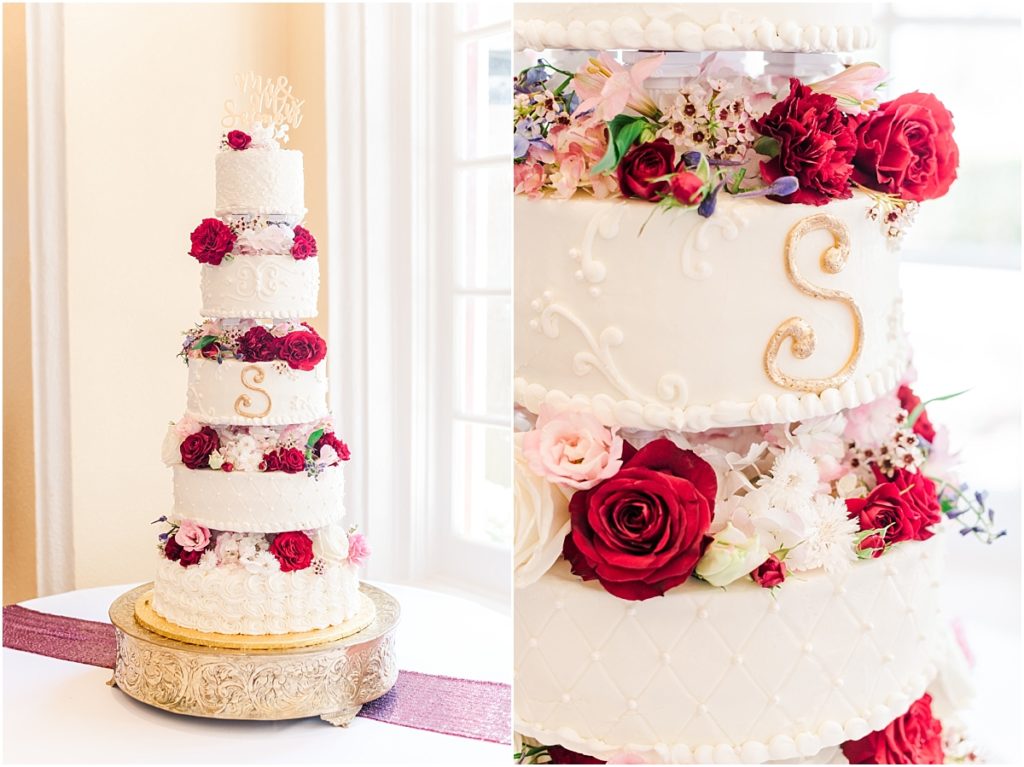 Wedding Cake at Galvez Hotel Reception with pink and red flowers with gold initials