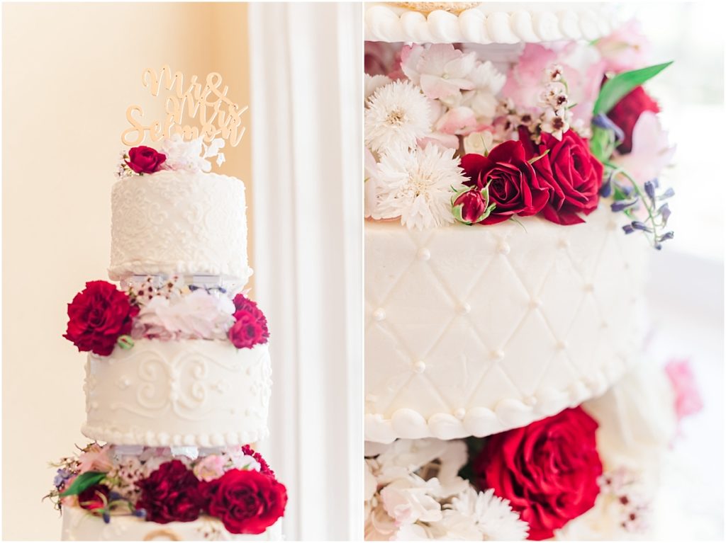 Wedding Cake at Galvez Hotel Reception with pink and red flowers with gold initials