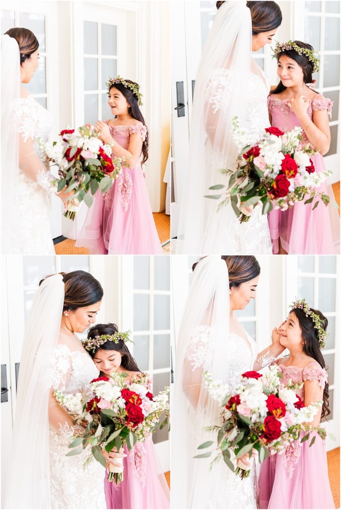 Flower girl first look with bride at the Galvez Hotel
