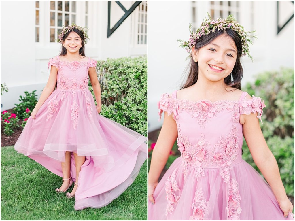 Flower girl in a pink dress with a flower crown