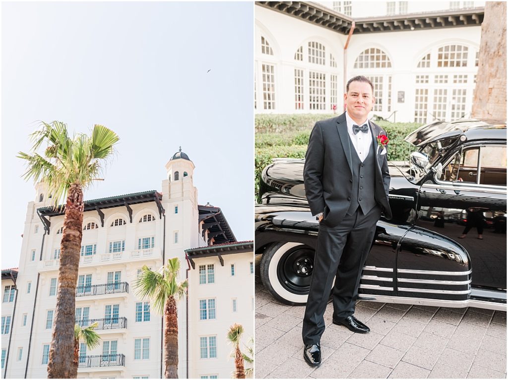Groom with a vintage car in front of the Galvez Hotel in Galveston