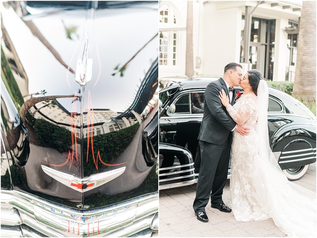 Bride and Groom pictures with a vintage car at their Galvez Hotel Wedding in Galveston