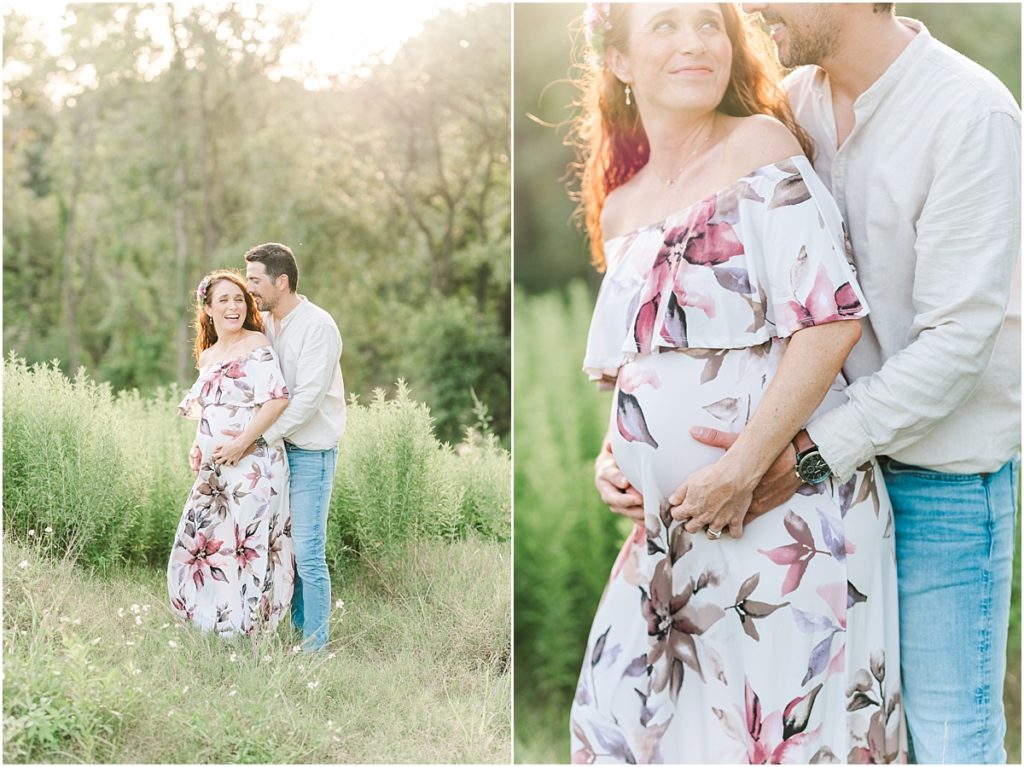 Maternity session with maroon flower dress