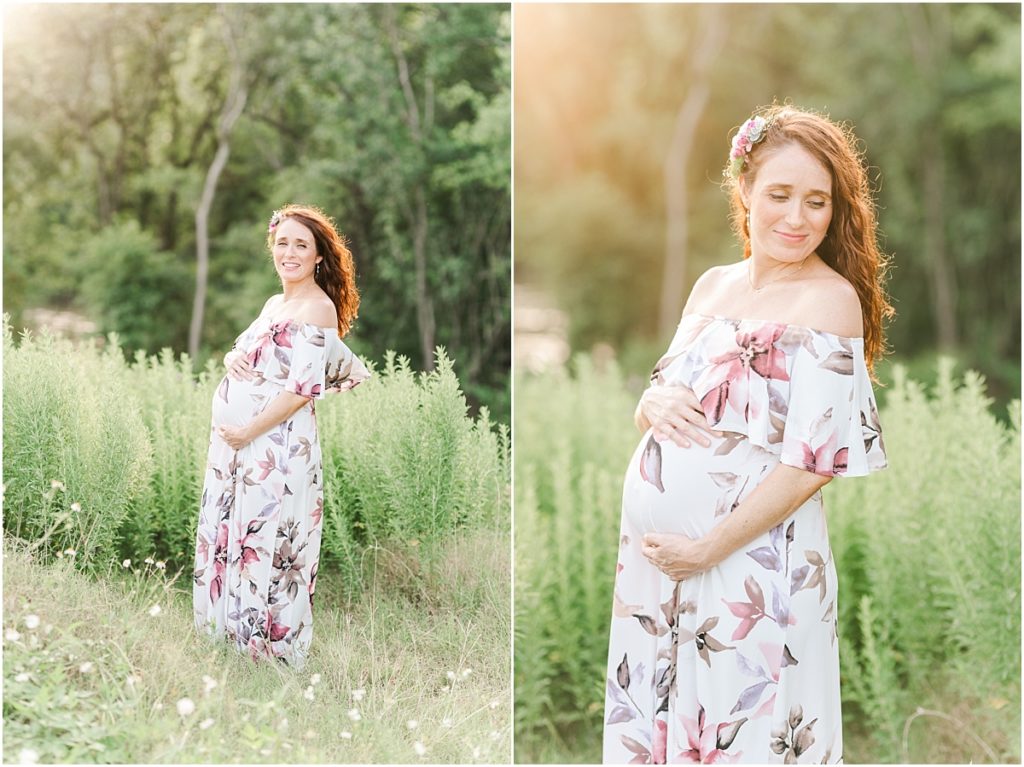 Maternity session dress with marroon flowers