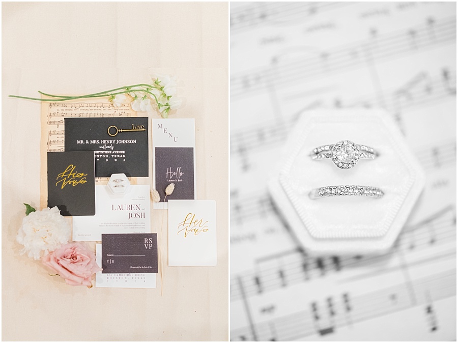 Wedding invitation details with pink and white and sheet music