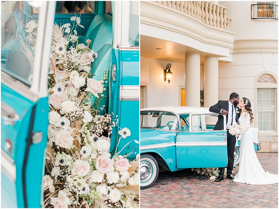 Bride and groom portaits at The Springs Event Venue Cypress with tourquoise vintage car and pink and white flower details.