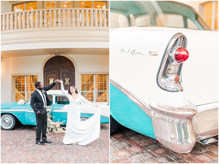 Bride and groom portaits at The Springs Event Venue Cypress with tourquoise vintage car and pink and white flower details.